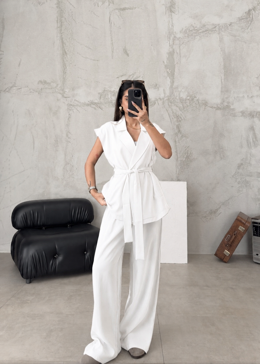 Belted tencil co-ord set- white