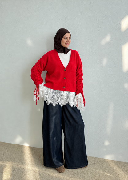 Premium Cardigan with Lace Trim - red