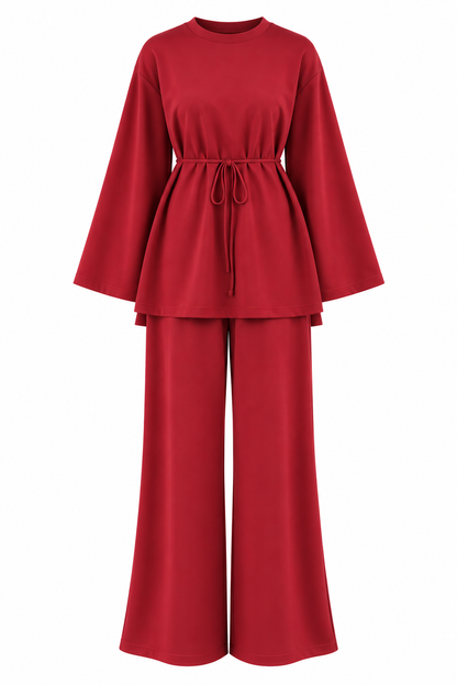 Oversize blouse with waistband wide leg trouser oysho fabric set - red