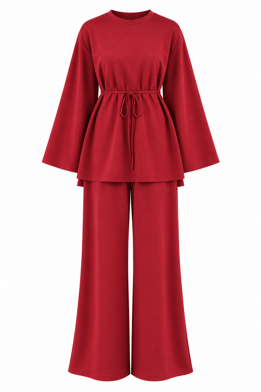 Oversize blouse with waistband wide leg trouser oysho fabric set - red