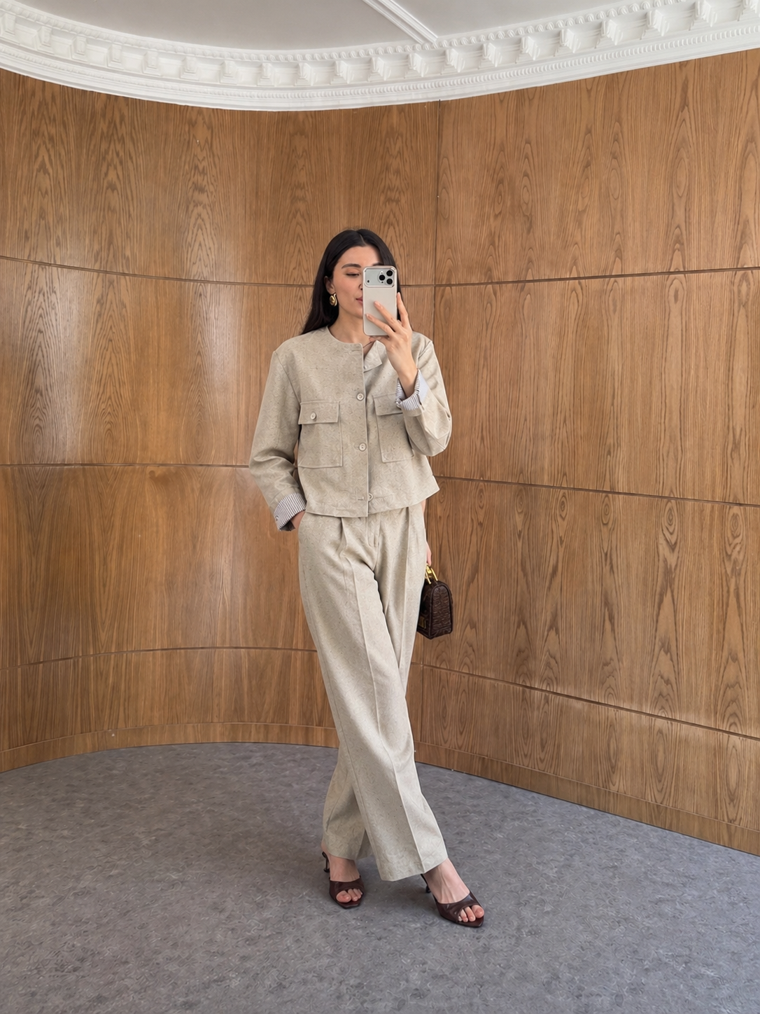 ZR model linen jacket with striped sleeve lining,mom fit trouser co-ord set
