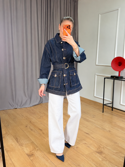 Gold buttons Belted jeans jacket