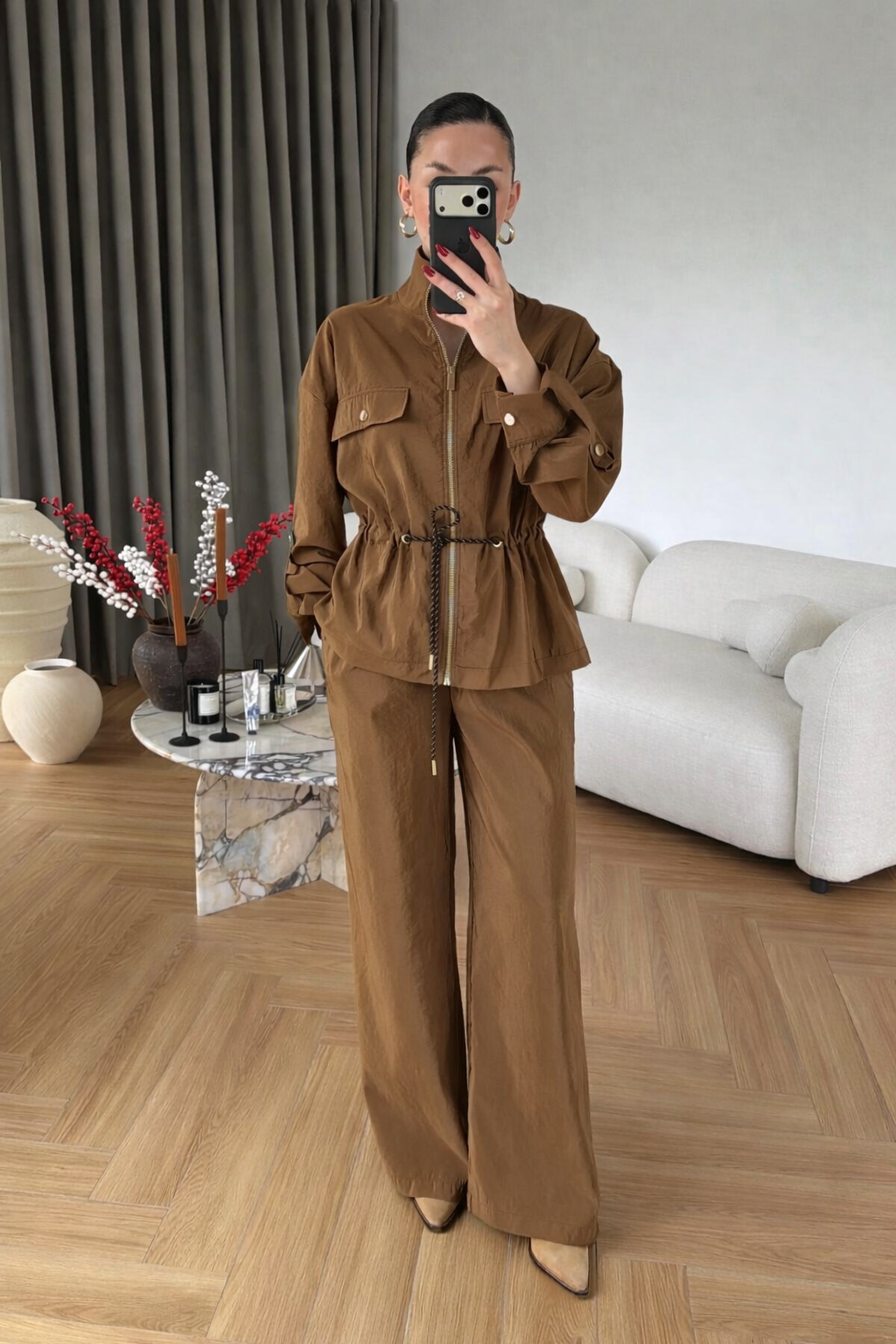 Safari jacket with drawstring High-waisted pants with a wide elastic Two-Piece Set