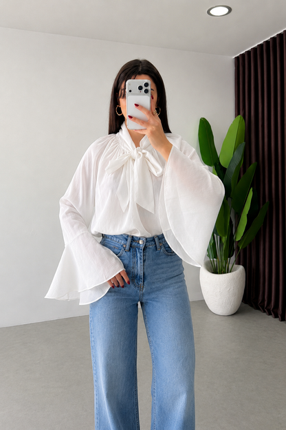 Bow-Neck Bell Sleeve Blouse