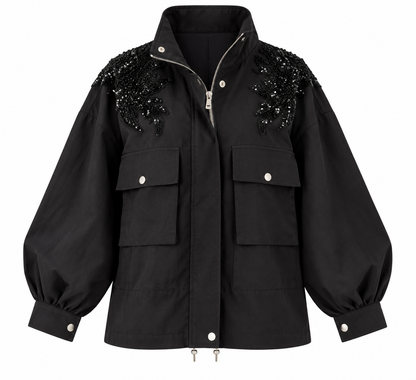 jacket with gathered sides and sequined shoulders - black