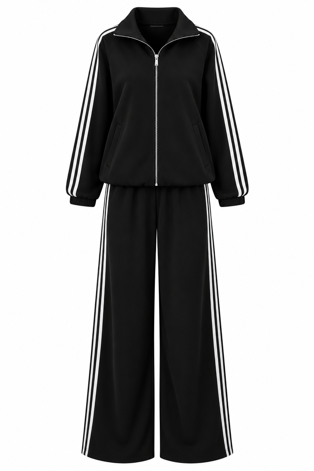 Zip-Up Tracksuit with White Side Stripes - black