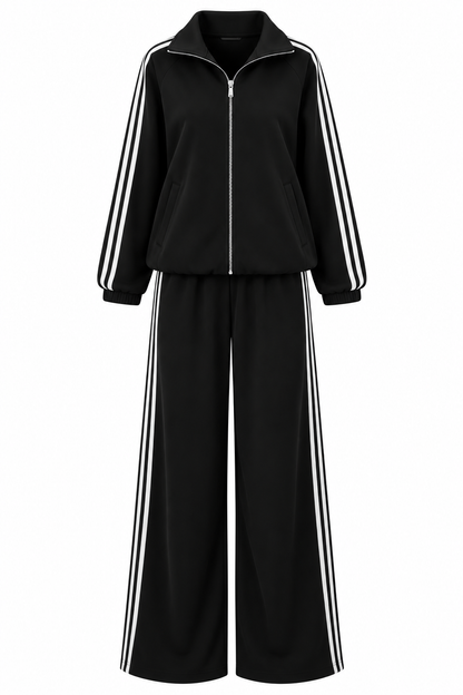 Zip-Up Tracksuit with White Side Stripes - black