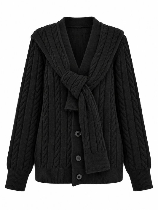 Wool Cardigan with attached scarf