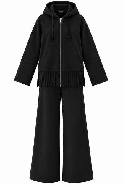 modal fabric hooded zipper jacket with knitted details - black