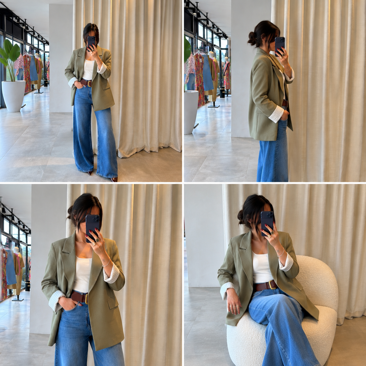 Oversized linen blazer with striped lining - olive green