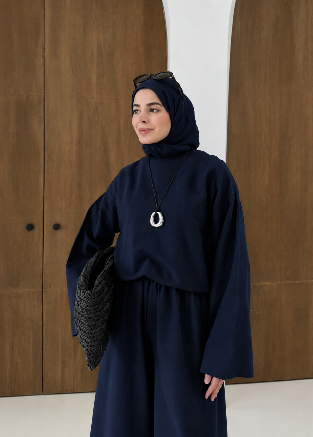 Linen Wide-Leg Blouse Set - navy blue
