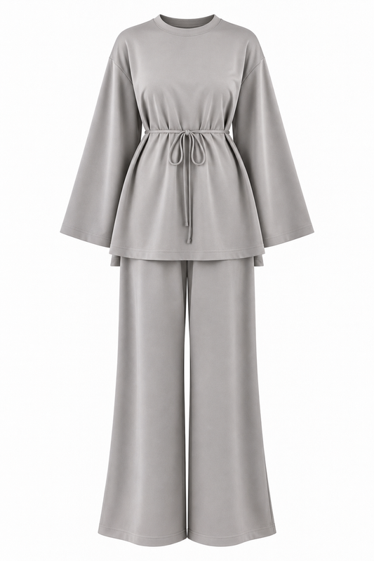 Oversize blouse with waistband wide leg trouser oysho fabric set - light grey