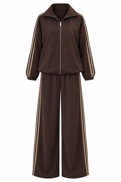 Zip-Up Tracksuit with White Side Stripes - brown