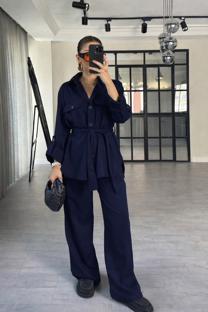 Belted Shirt with pocket ,roll-up sleeves ,elastic waistband straight leg pants co-ord set