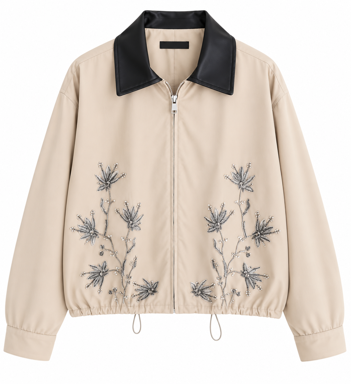 Embroidered Leather Collar Parka Jacket - beige