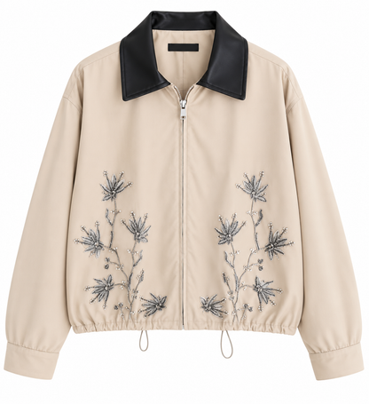 Embroidered Leather Collar Parka Jacket - beige