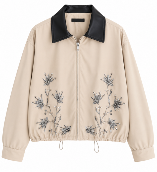 Embroidered Leather Collar Parka Jacket - beige