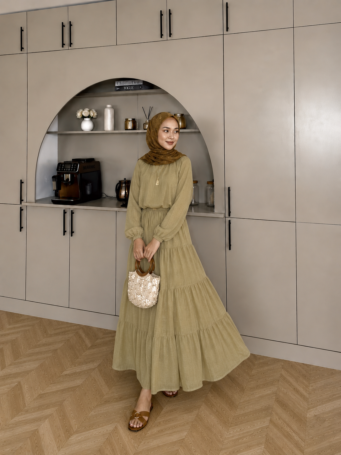 Balloon Sleeve Blouse paired with a maxi skirt - Muted Olive Sage