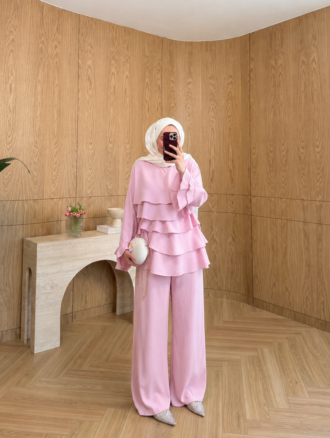 Layered blouse with ruffled sleeves co-ord set- pink