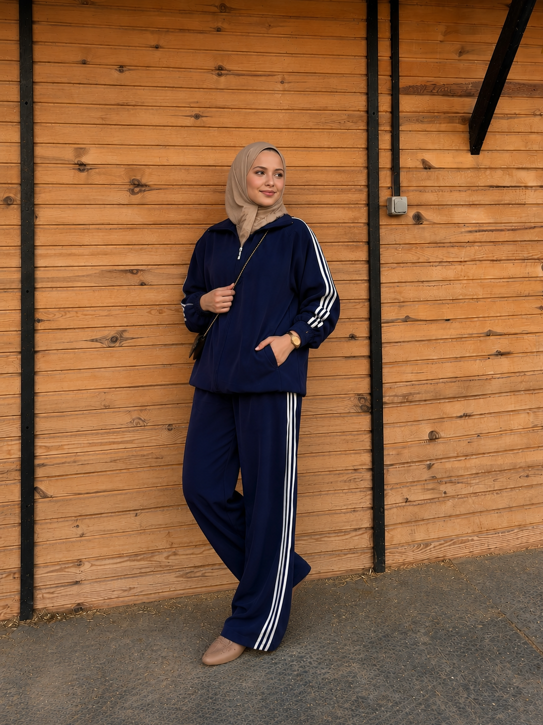Zip-Up Tracksuit with White Side Stripes - navy blue