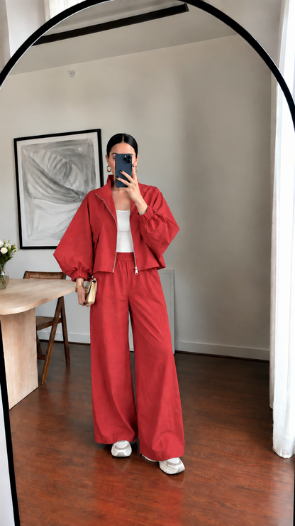 Parachute fabric wide sleeve tracksuit- red