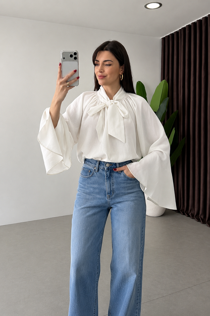 Bow-Neck Bell Sleeve Blouse