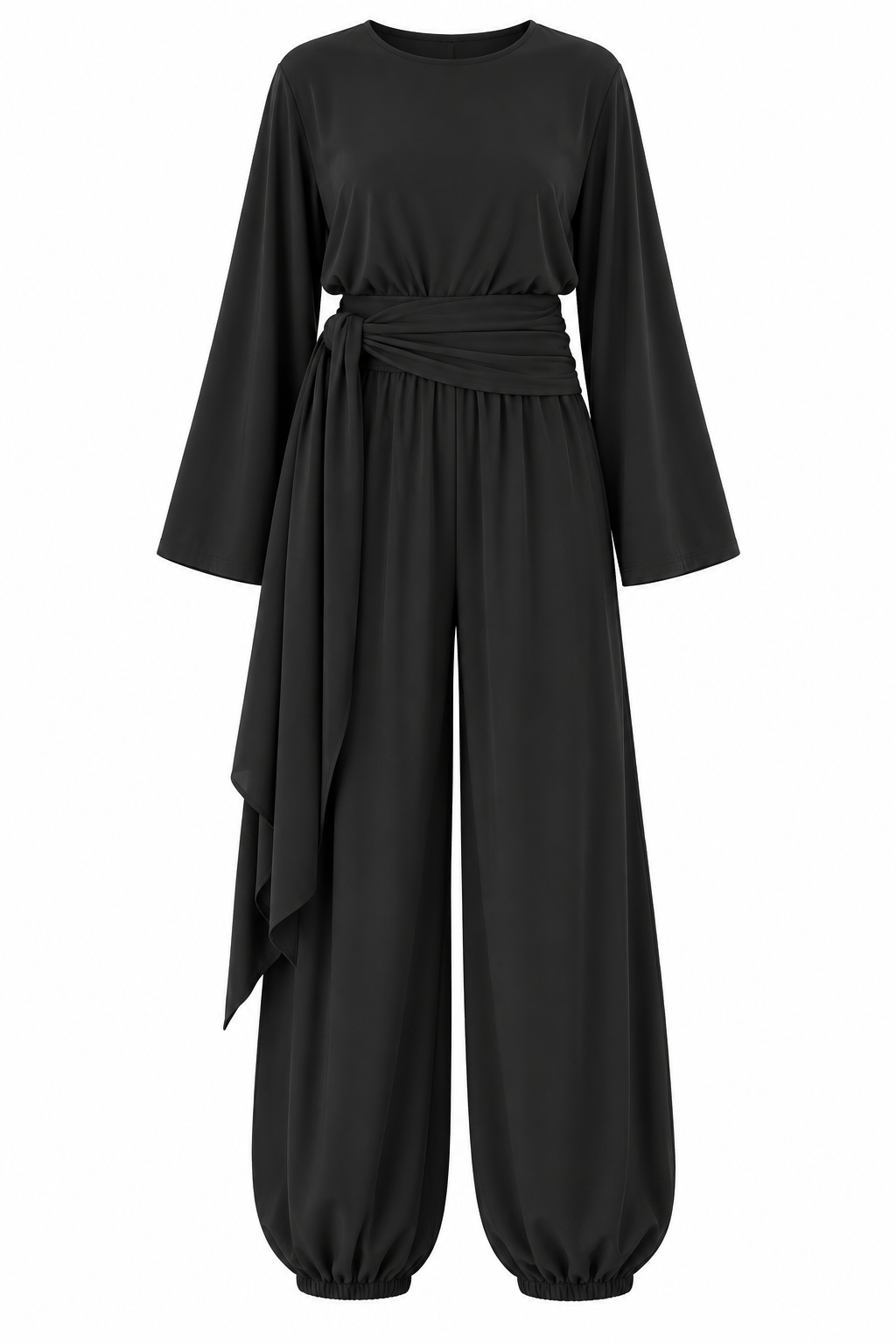 wide sleeve blouse With waist drapped co-ord set - black