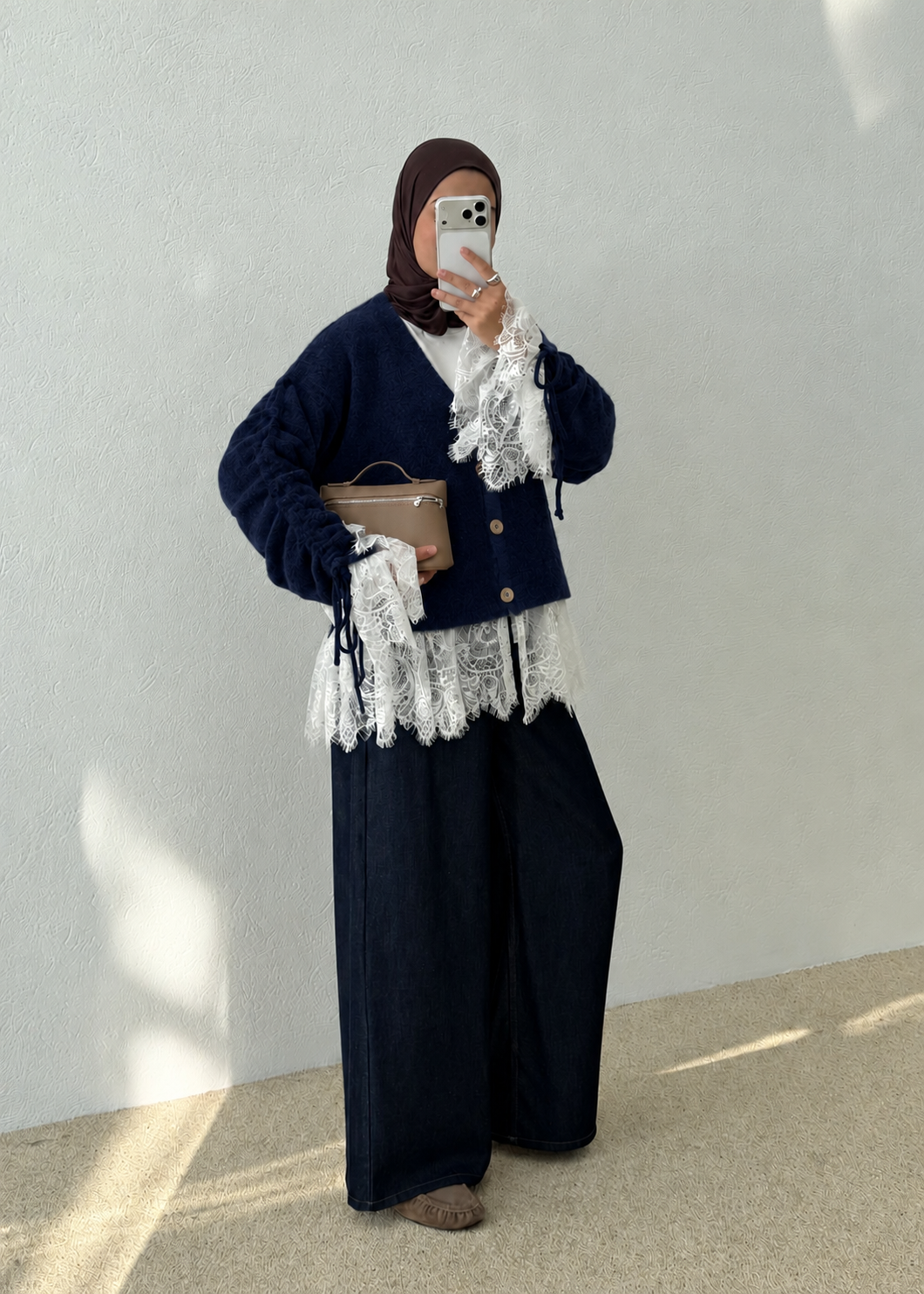 Premium Cardigan with Lace Trim - navy blue