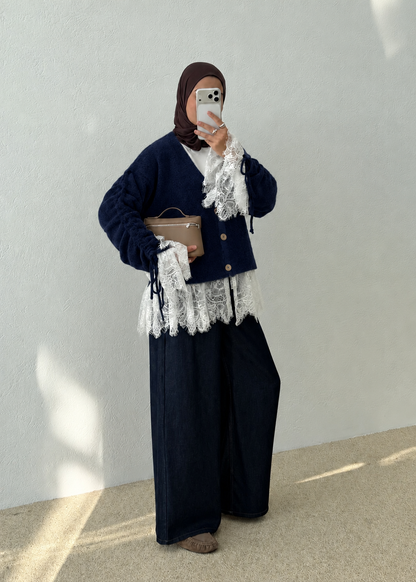 Premium Cardigan with Lace Trim - navy blue