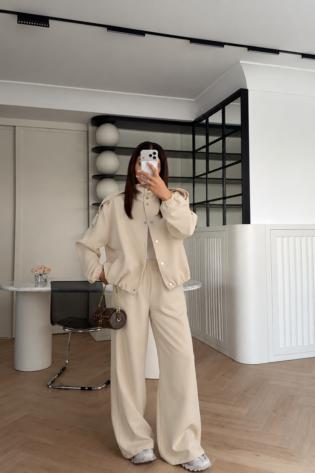 Bomber Suit with Epaulets and Stand-Up Collar - beige