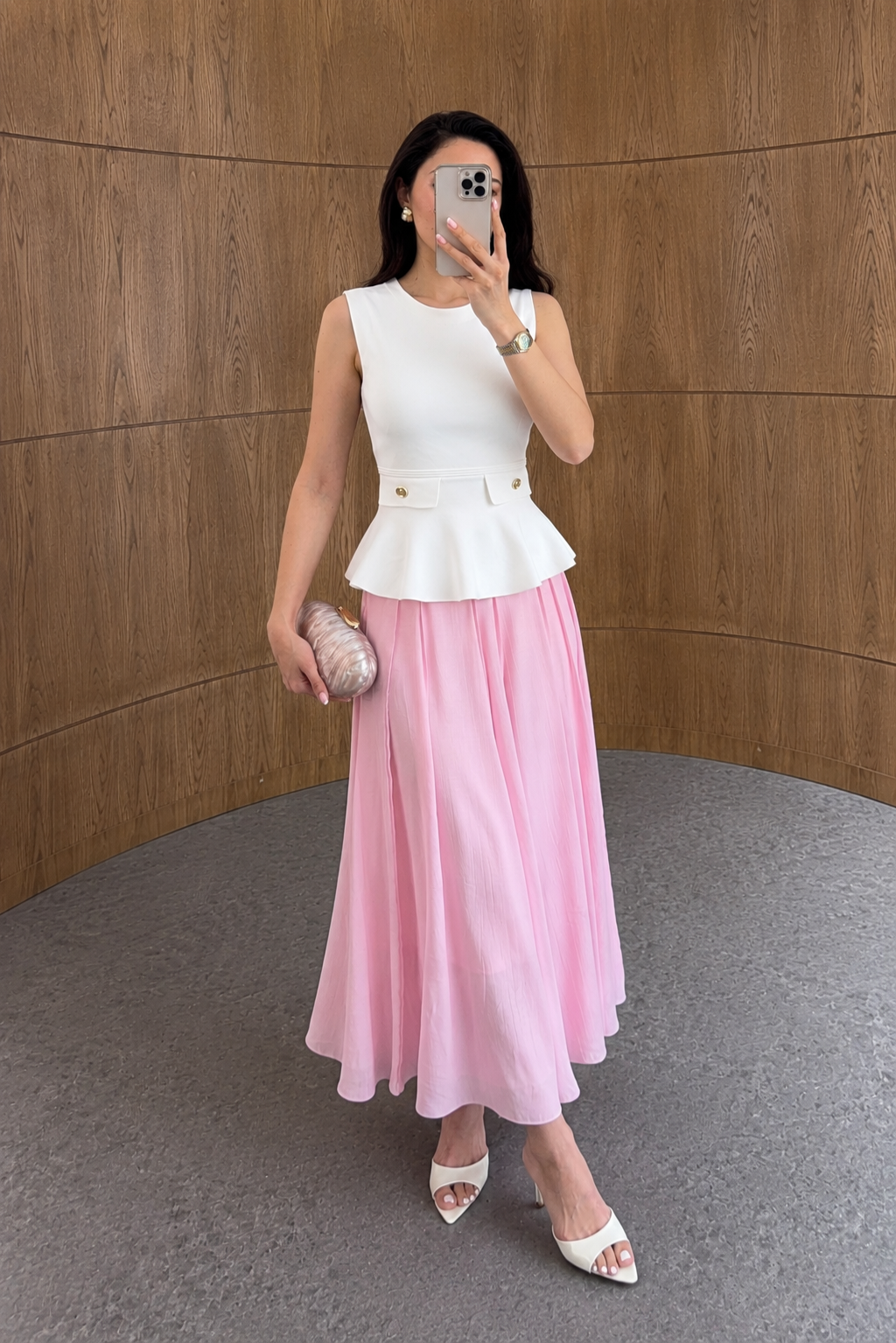 Striped textured fabric Pink Long Skirt