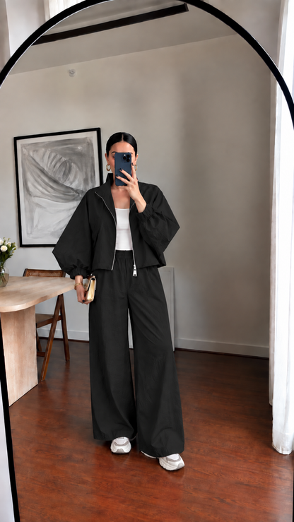 Parachute fabric wide sleeve tracksuit- black