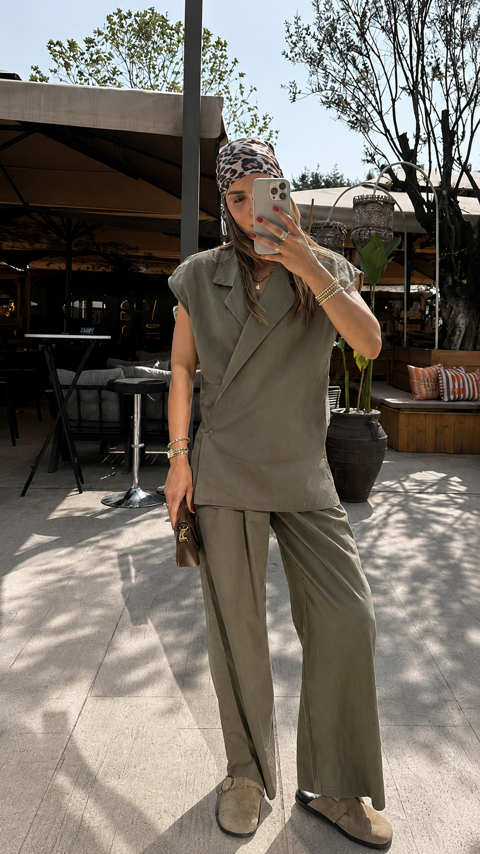 Zara model premium linen vest set-olive green