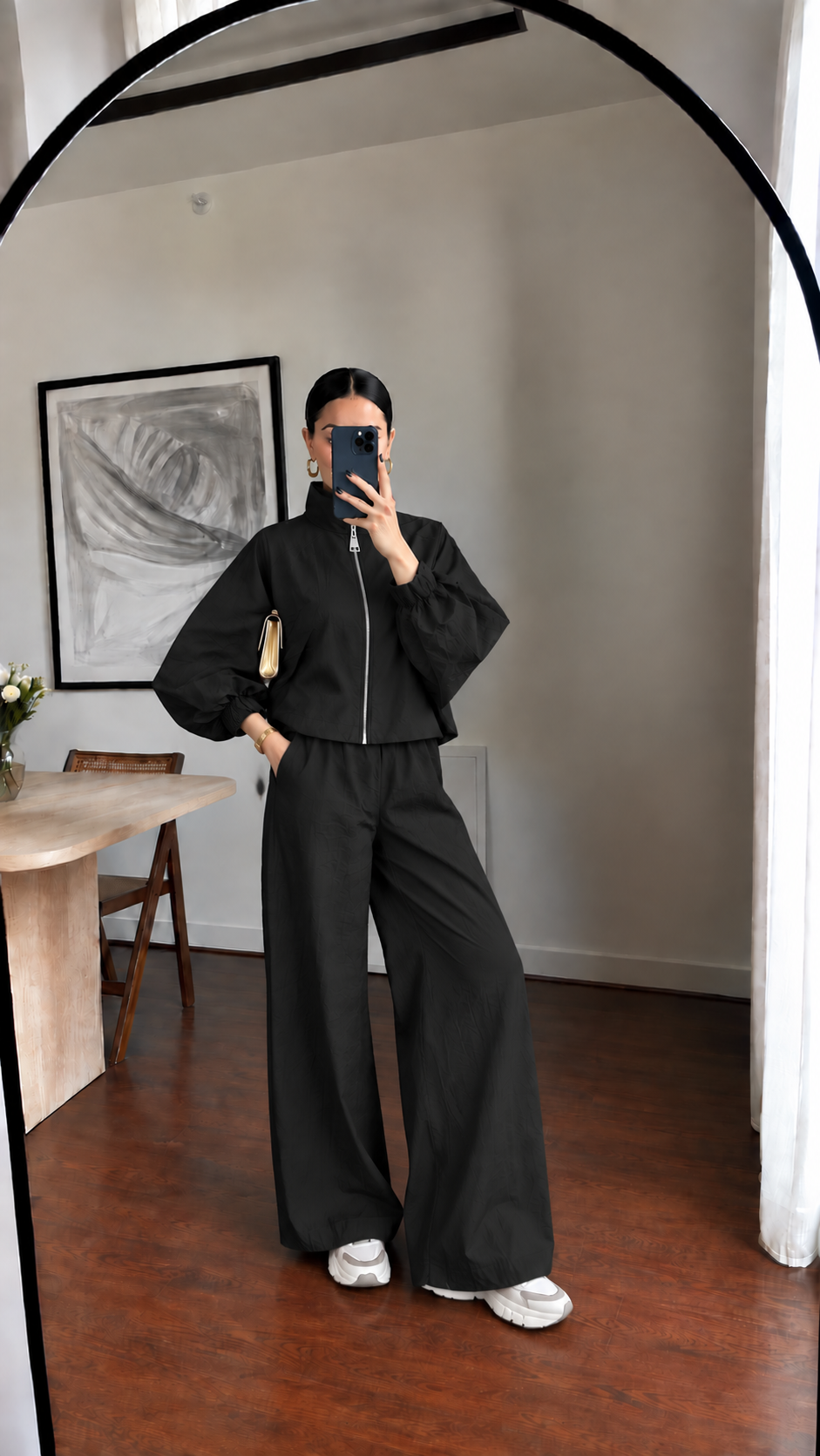 Parachute fabric wide sleeve tracksuit- black