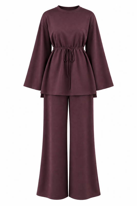 Oversize blouse with waistband wide leg trouser oysho fabric set - deep plum