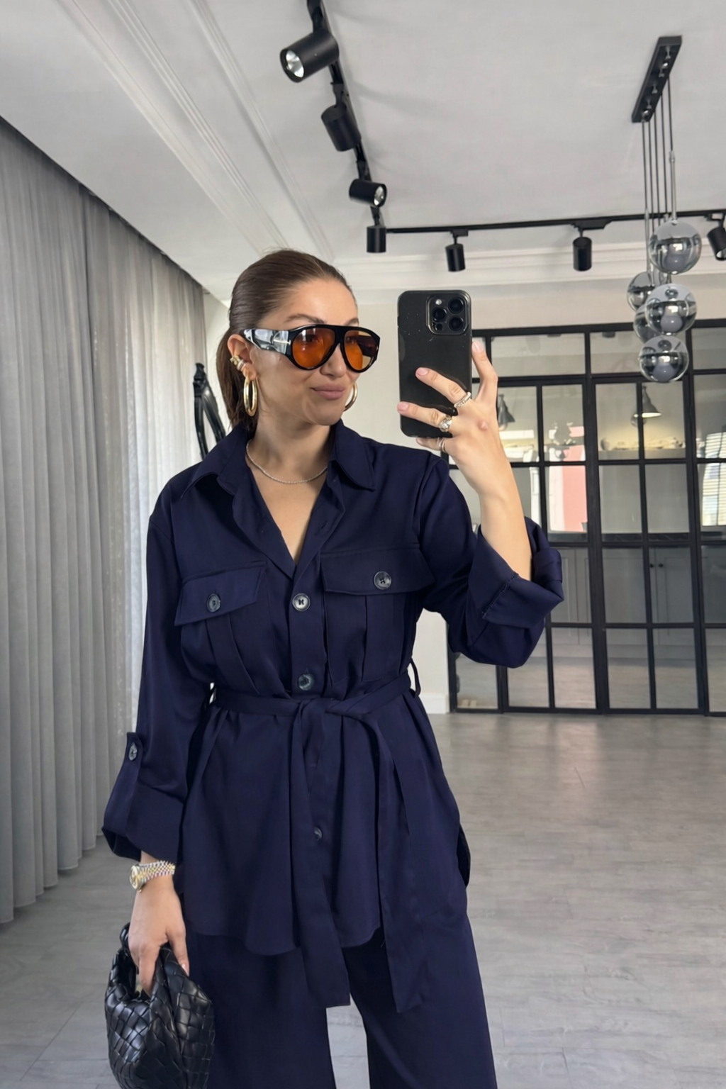 Belted Shirt with pocket ,roll-up sleeves ,elastic waistband straight leg pants co-ord set