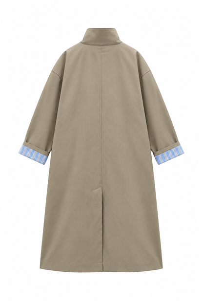 Striped lining Trench coat with folded Sleeve Detail - khaki