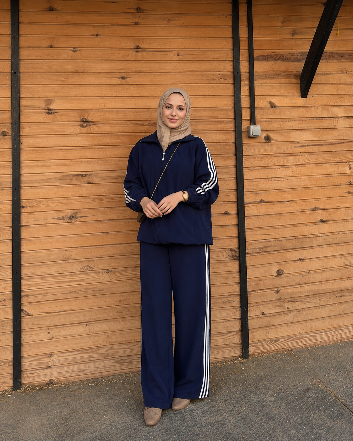 Zip-Up Tracksuit with White Side Stripes - navy blue