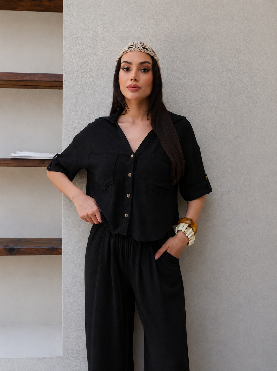V-Neck Linen Two-Piece Set