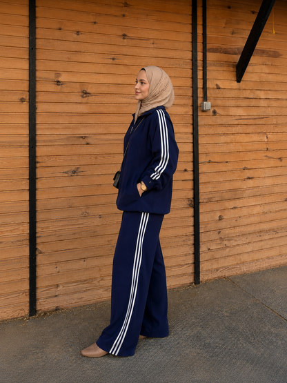 Zip-Up Tracksuit with White Side Stripes - navy blue