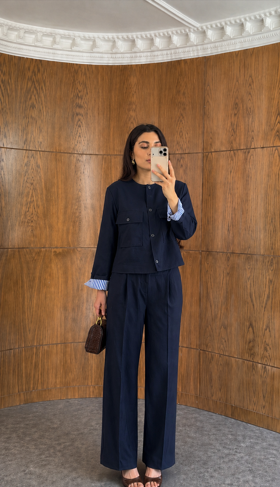 ZR model linen jacket with striped sleeve lining,mom fit trouser co-ord set