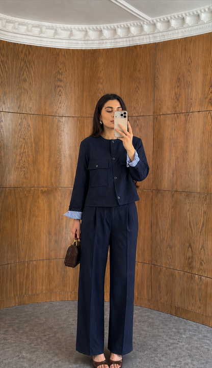 ZR model linen jacket with striped sleeve lining,mom fit trouser co-ord set