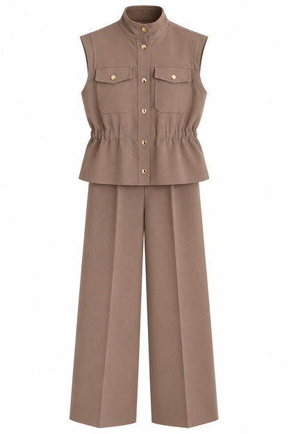 Stand-Up Collar Elastic Waist sleeveless Set - Mocha brown