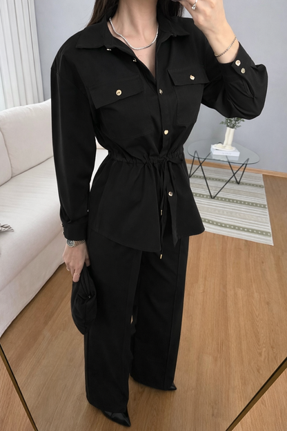 Double Pocket waistband shirt with gold buttons co-ord set