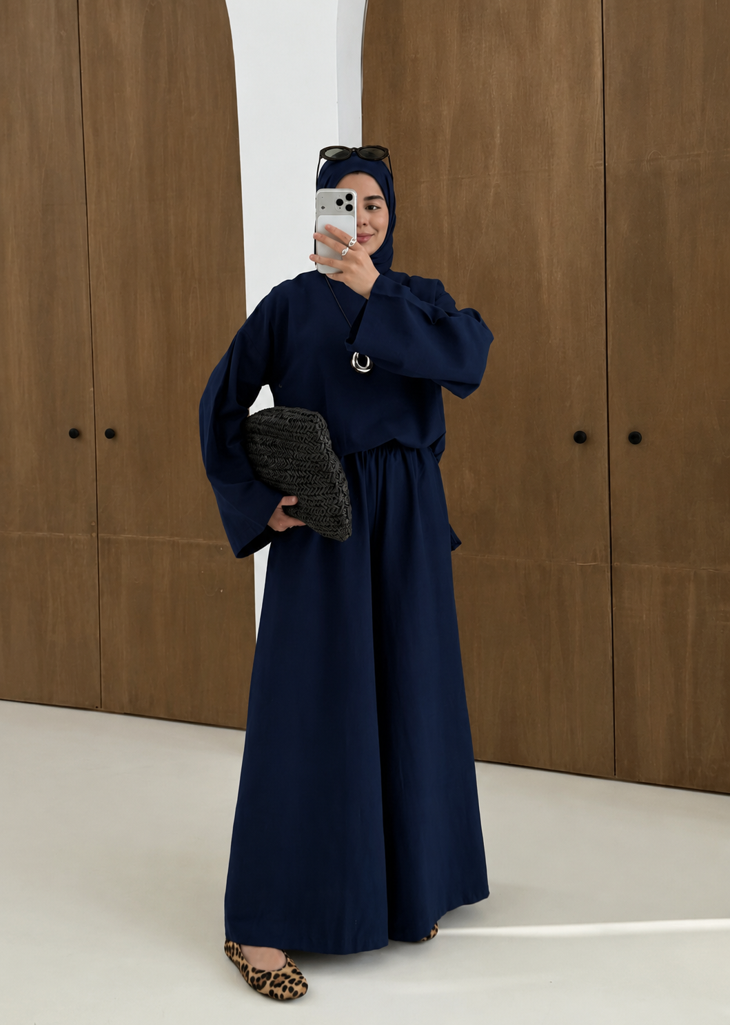Linen Wide-Leg Blouse Set - navy blue