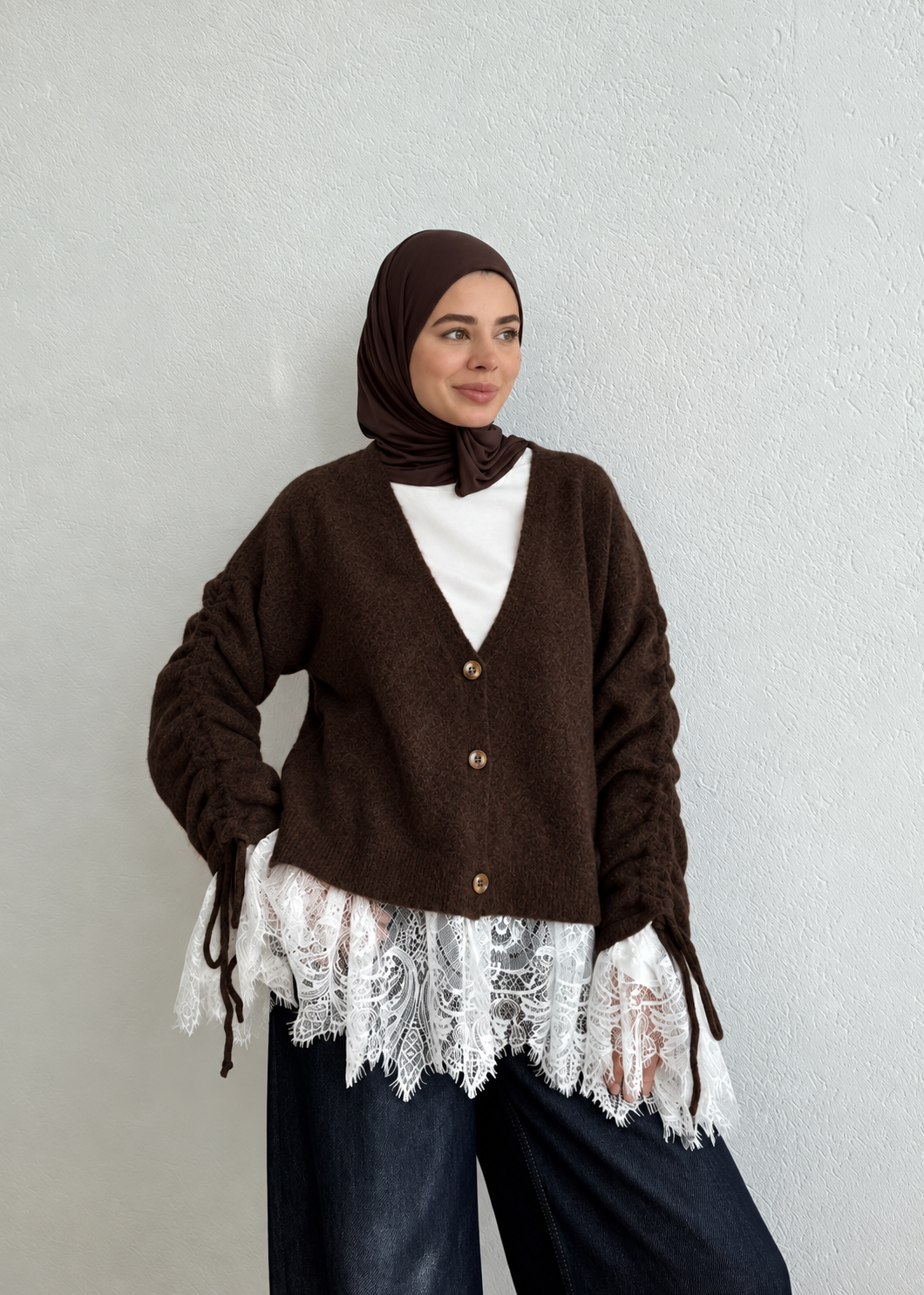 Premium Cardigan with Lace Trim - brown