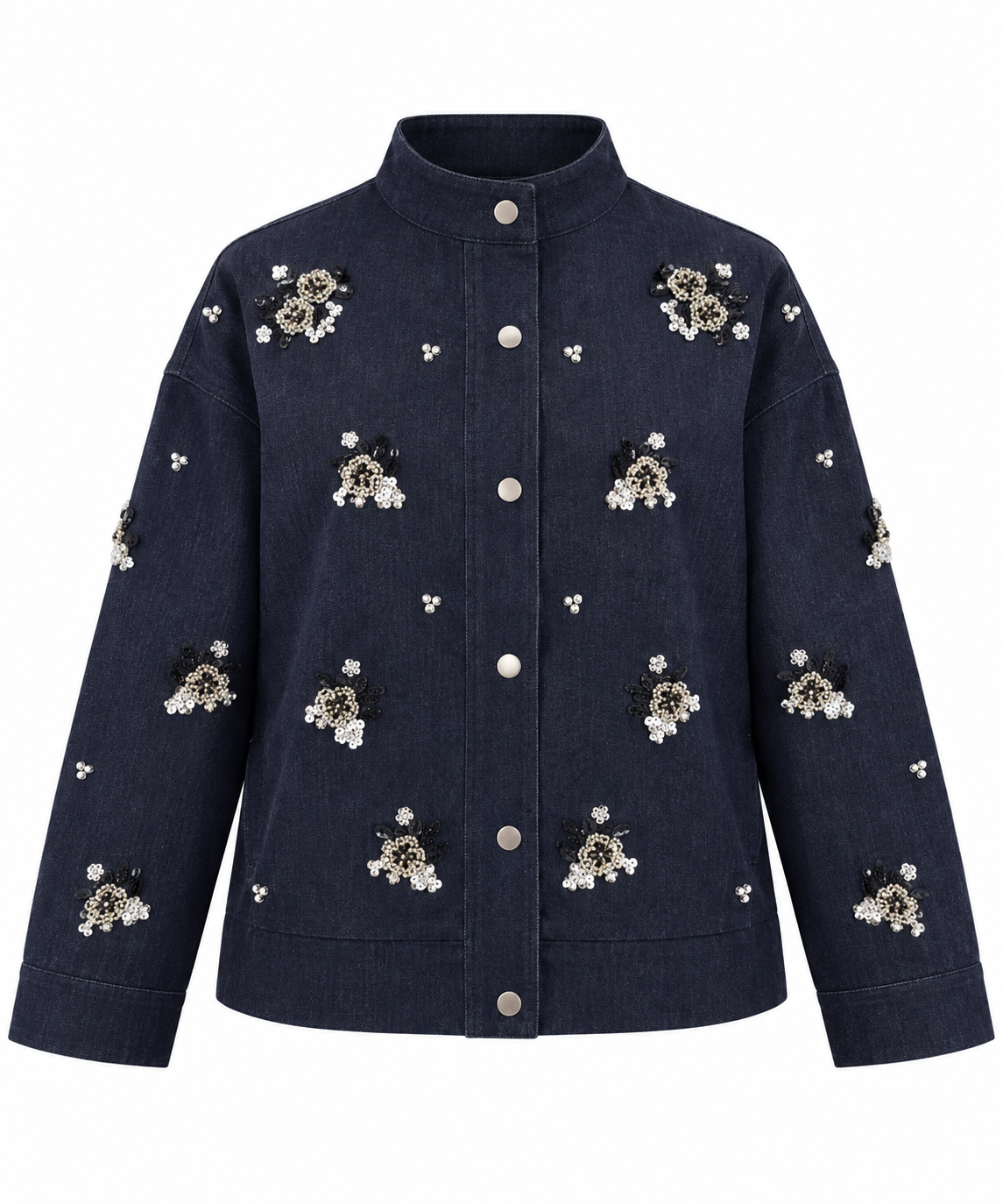 Navy Blue Bomber tencel jeans Jacket with Embroidered Details
