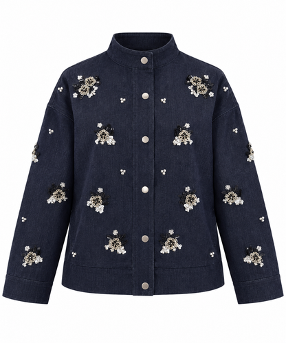 Navy Blue Bomber tencel jeans Jacket with Embroidered Details