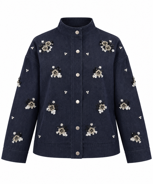 Navy Blue Bomber tencel jeans Jacket with Embroidered Details