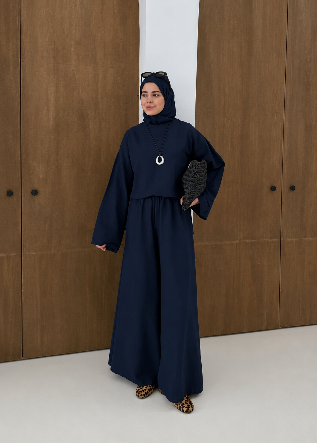 Linen Wide-Leg Blouse Set - navy blue